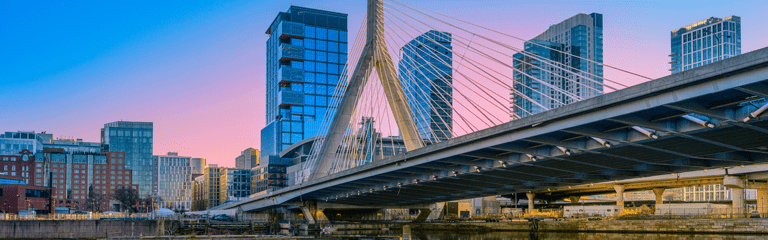 Boston City Sunset Skyline over Zakim Bridge and the Charles River in Boston, Massachusetts, US